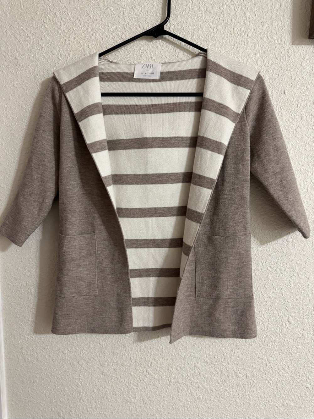 Zara Taupe and Cream Striped Hooded Open-Front Jacket